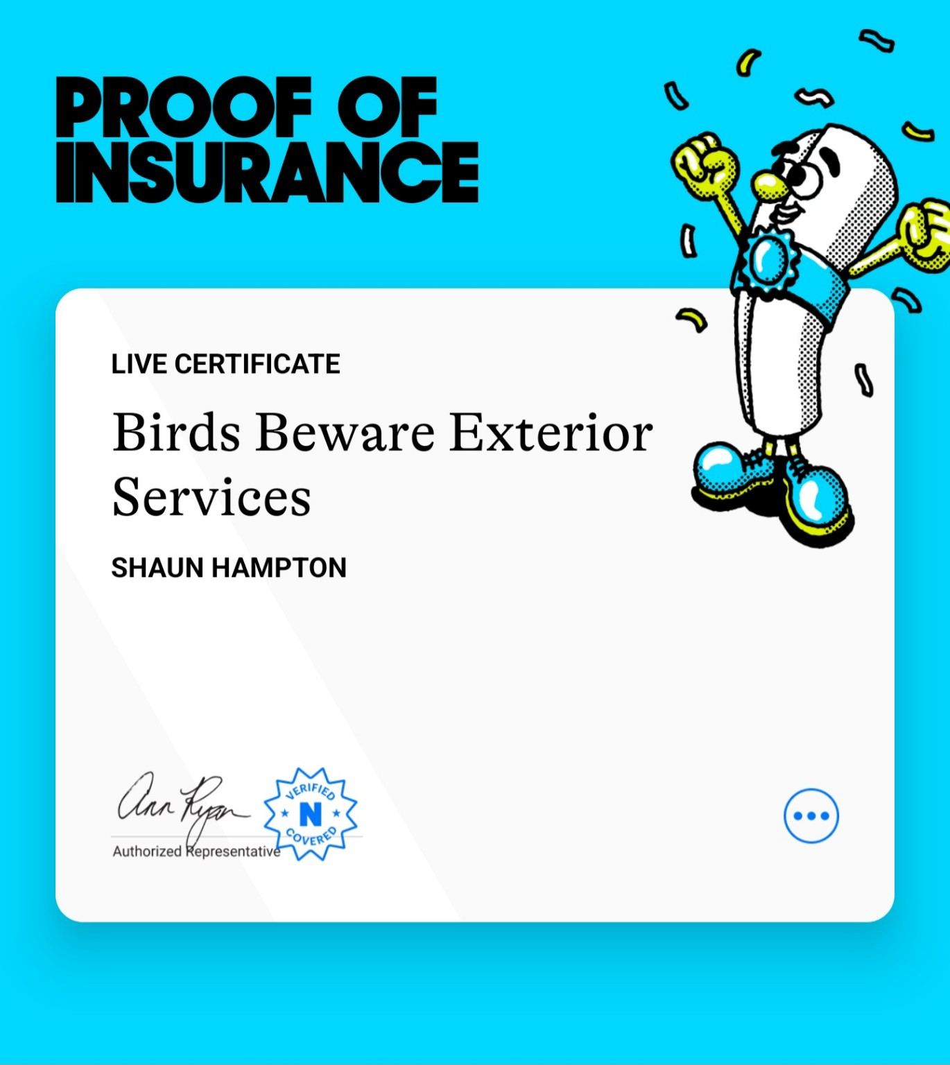 Birds Beware proof of insurance
