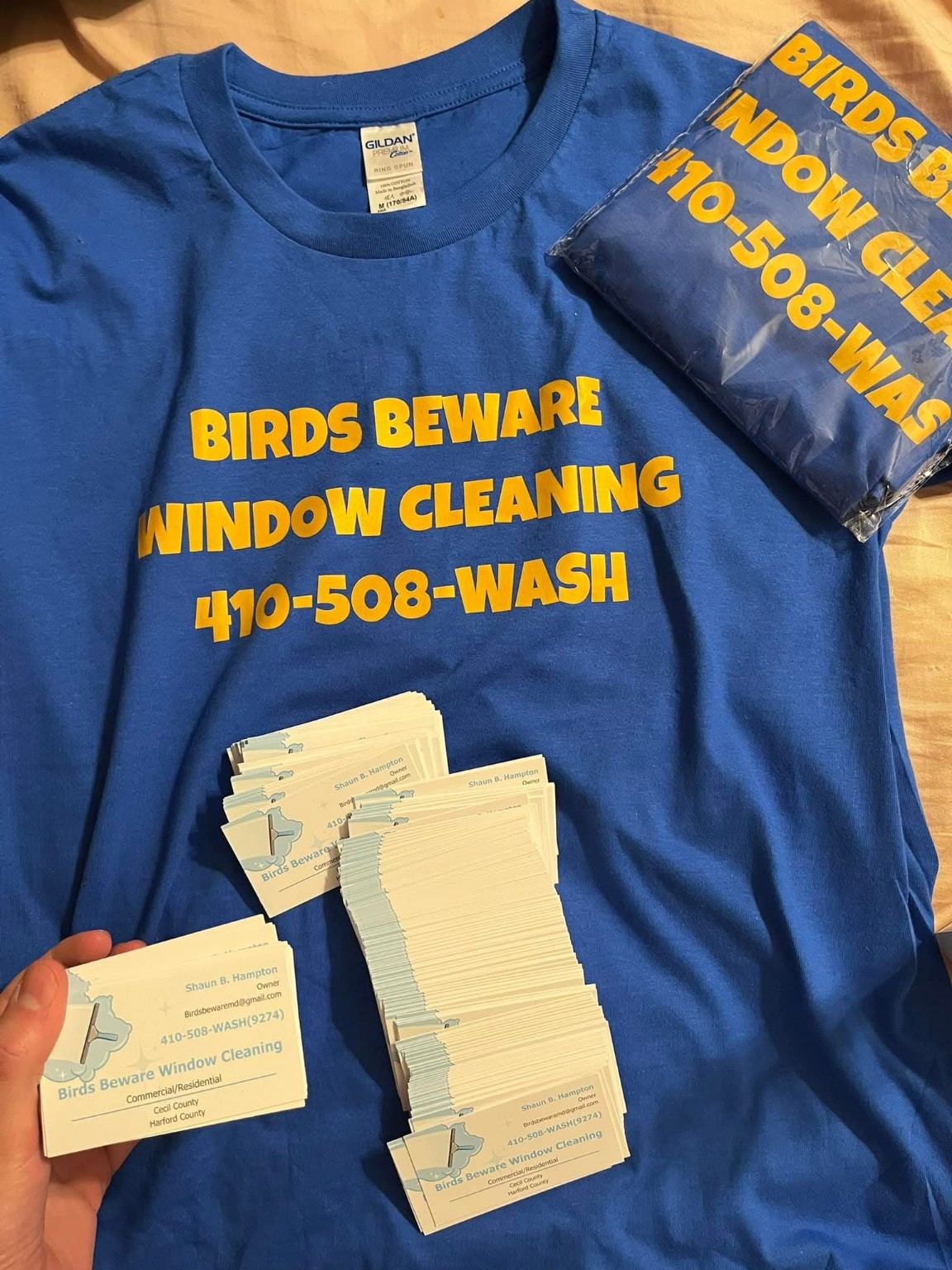 Early Birds Beware shirts and business cards
